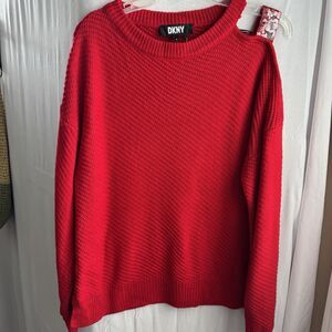 DKNY Womens Red Cold Shoulder Textured Knit Pullover Sweater Size Medium Holiday